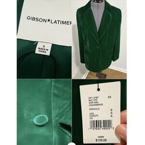 Gibson & Latimer Emerald Green Velvet Blazer Women’s Small Single Breasted NWT